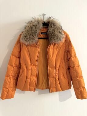 Andrew Marc Orange Goose Down Puffer Jacket Raccoon Fur Collar Women's M